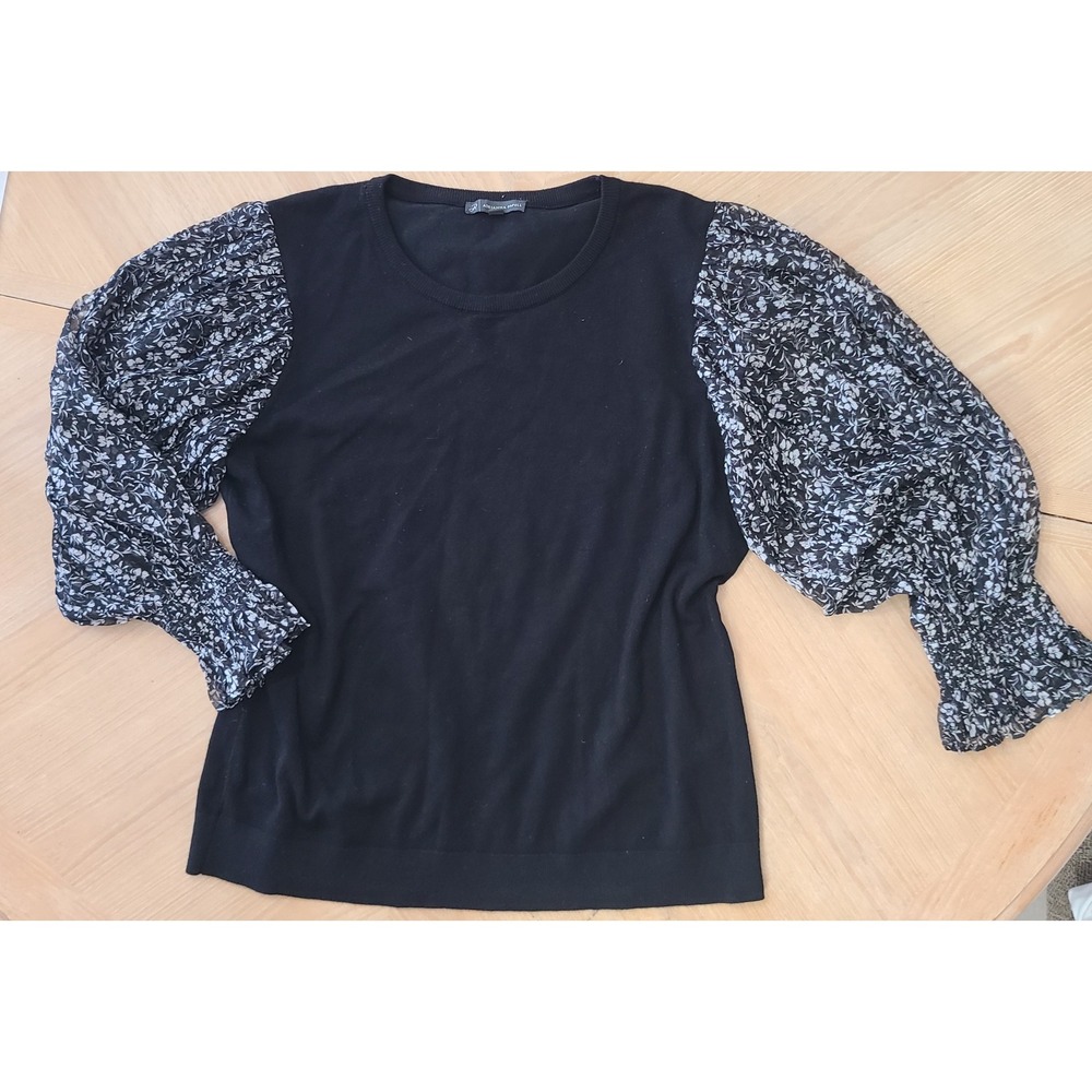 Adrianna Papell Knit Top Womens L Black Floral Sheer Puff Sleeve Crew
